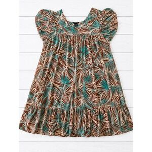 Glamour Tropical Palm Leaf Flutter Sleeve Ruffle Dress Brown Turquoise Size 16